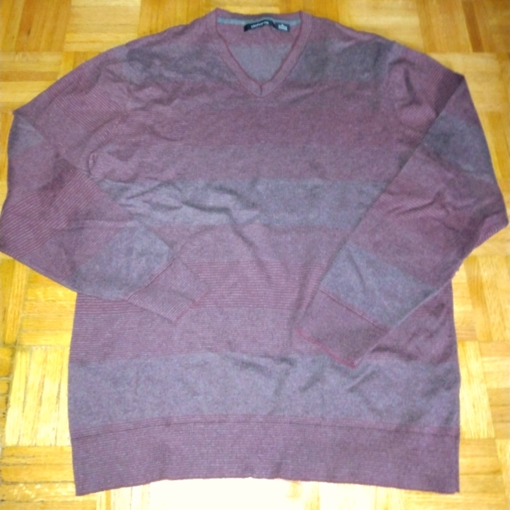 Claiborne Womens Mens Sweater Size Large Cashmere Cotton Burgundy Striped V Neck